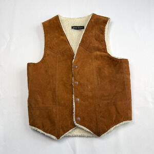 VTG Steer Brand Mens Medium Brown Leather Snap Up Shearling Sherpa Western Vest